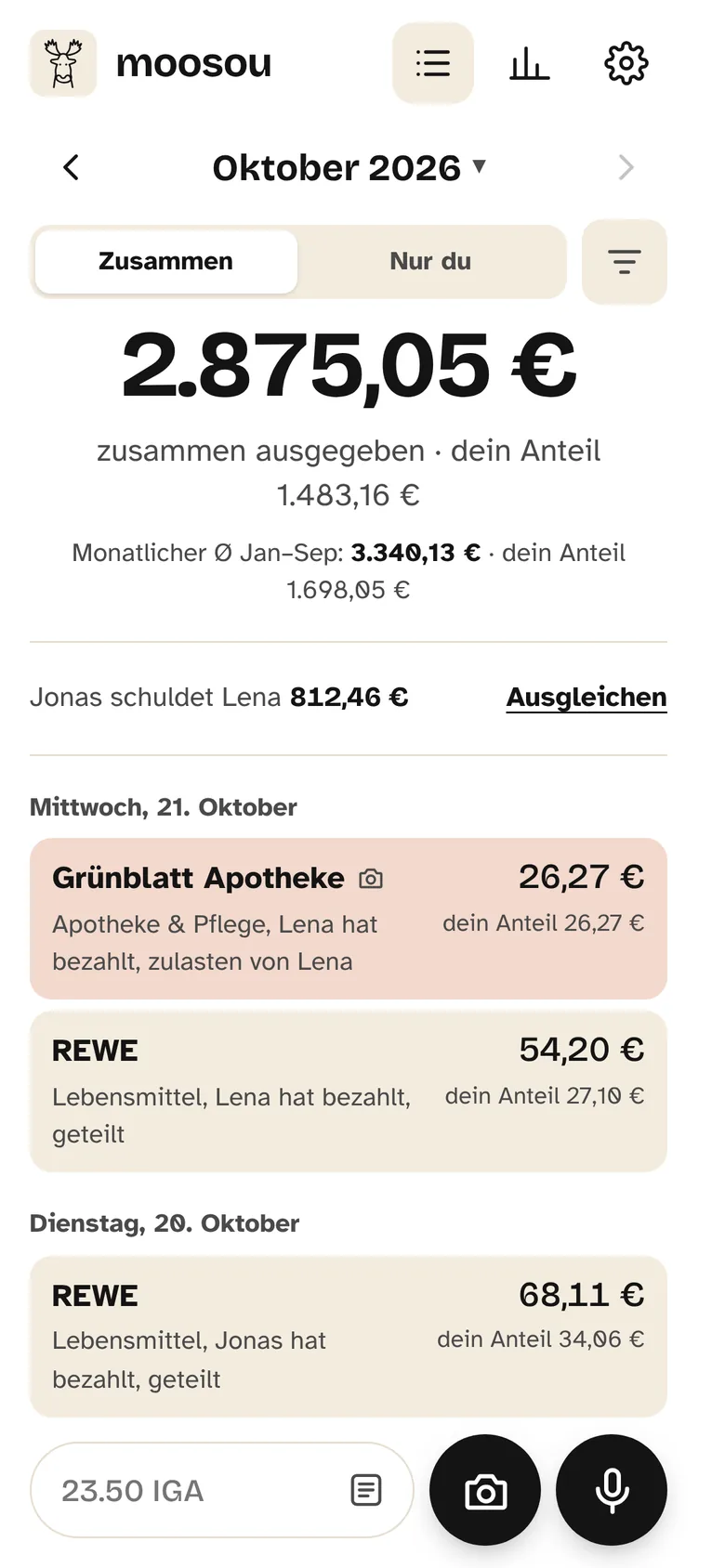 Der Startbildschirm von Moosou: 2.875,05 € diesen Monat zusammen ausgegeben, der Ø-Monat, wer wem was schuldet und die letzten Einträge.