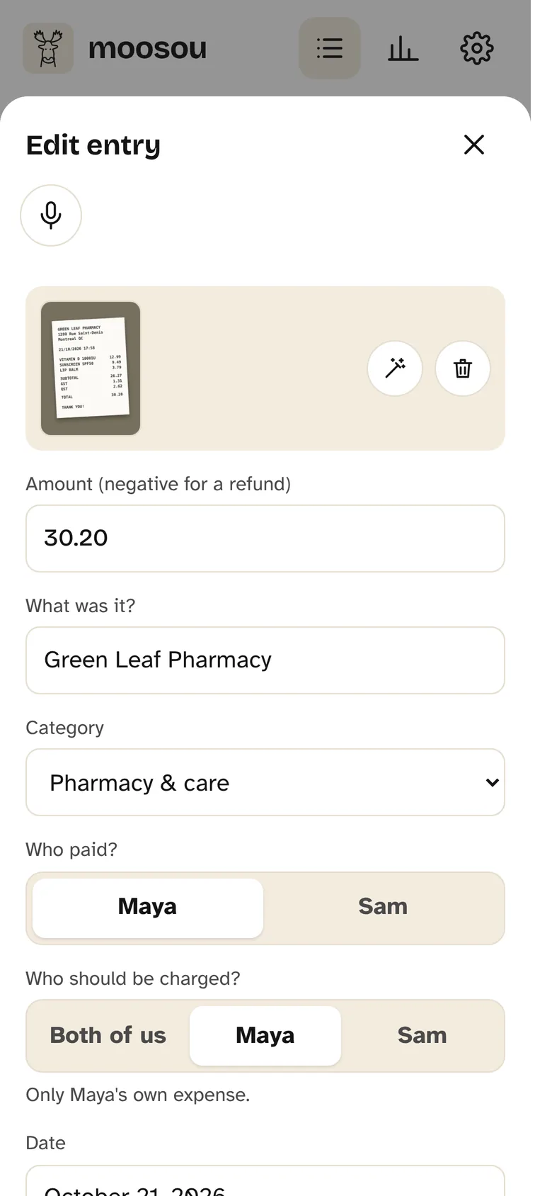 The entry read from the receipt: Green Leaf Pharmacy, $30.20, Pharmacy & care, paid by Maya, charged to Maya.
