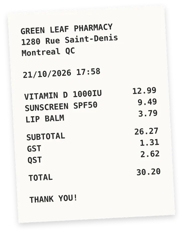 A pharmacy receipt with a total of $30.20.