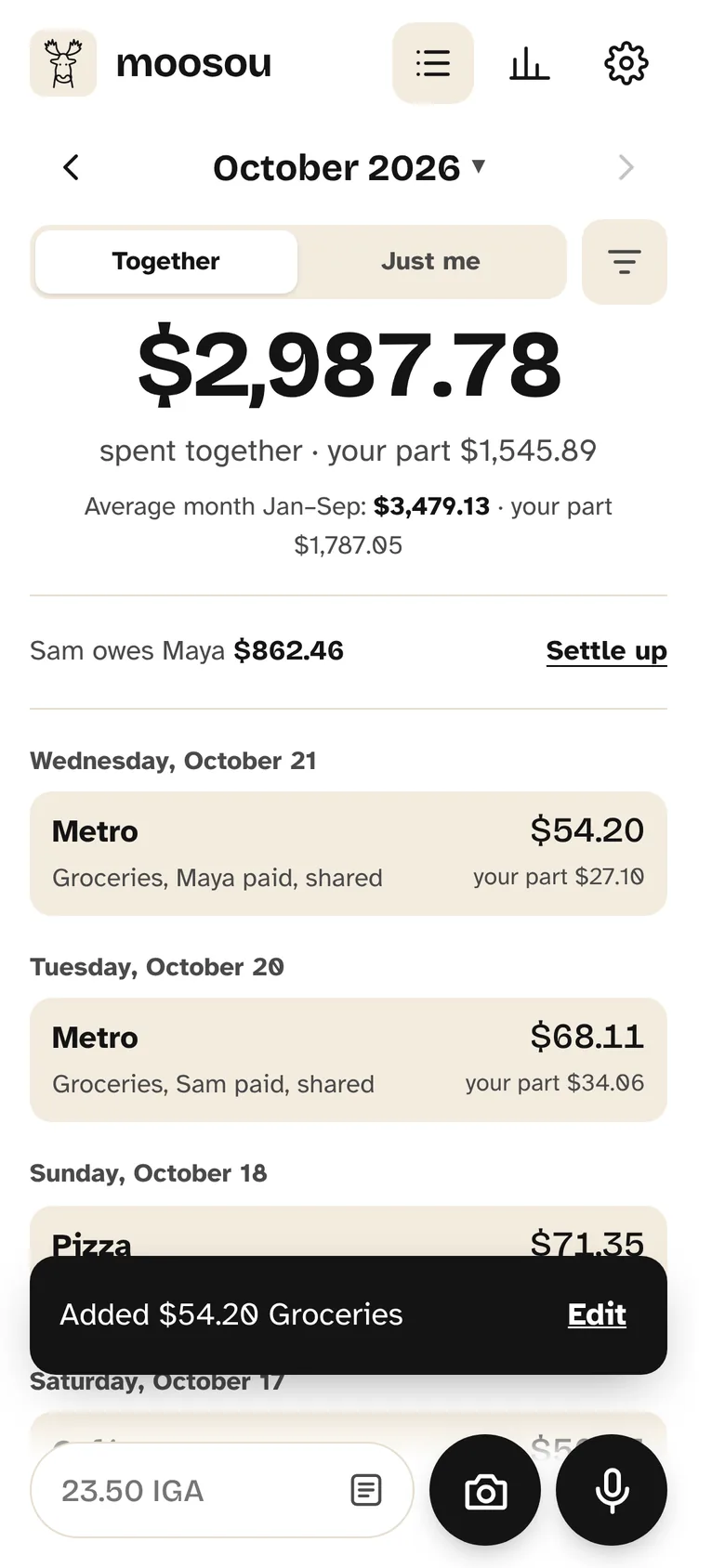 The new entry at the top of the list: Metro, $54.20, Groceries, shared. A message says “Added $54.20 Groceries”.