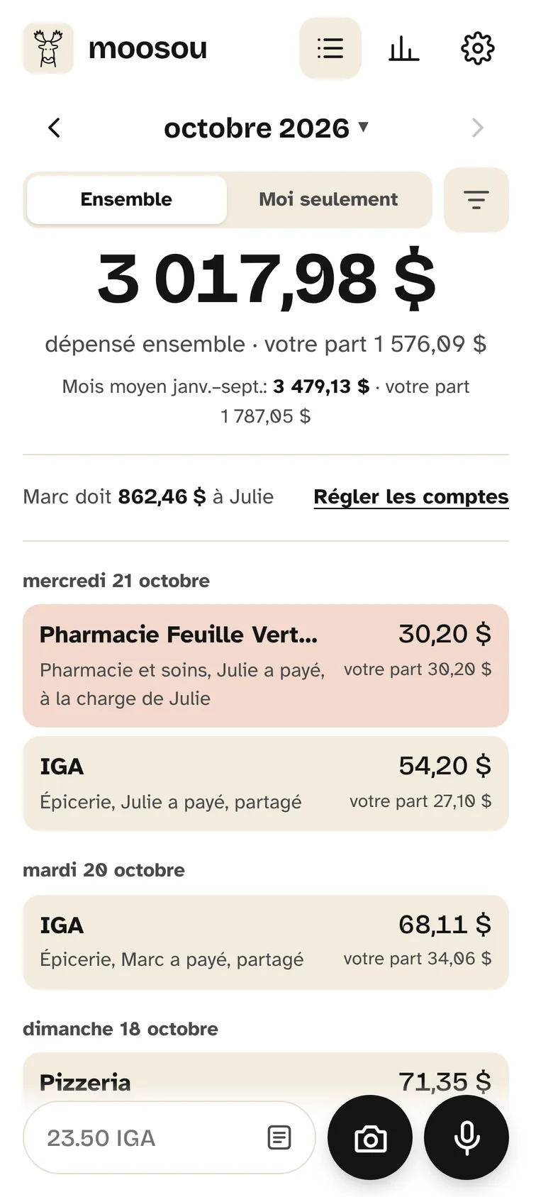 L’écran d’accueil de Moosou : 3 017,98 $ dépensés ensemble ce mois-ci, le mois moyen, qui doit quoi et les dernières entrées.