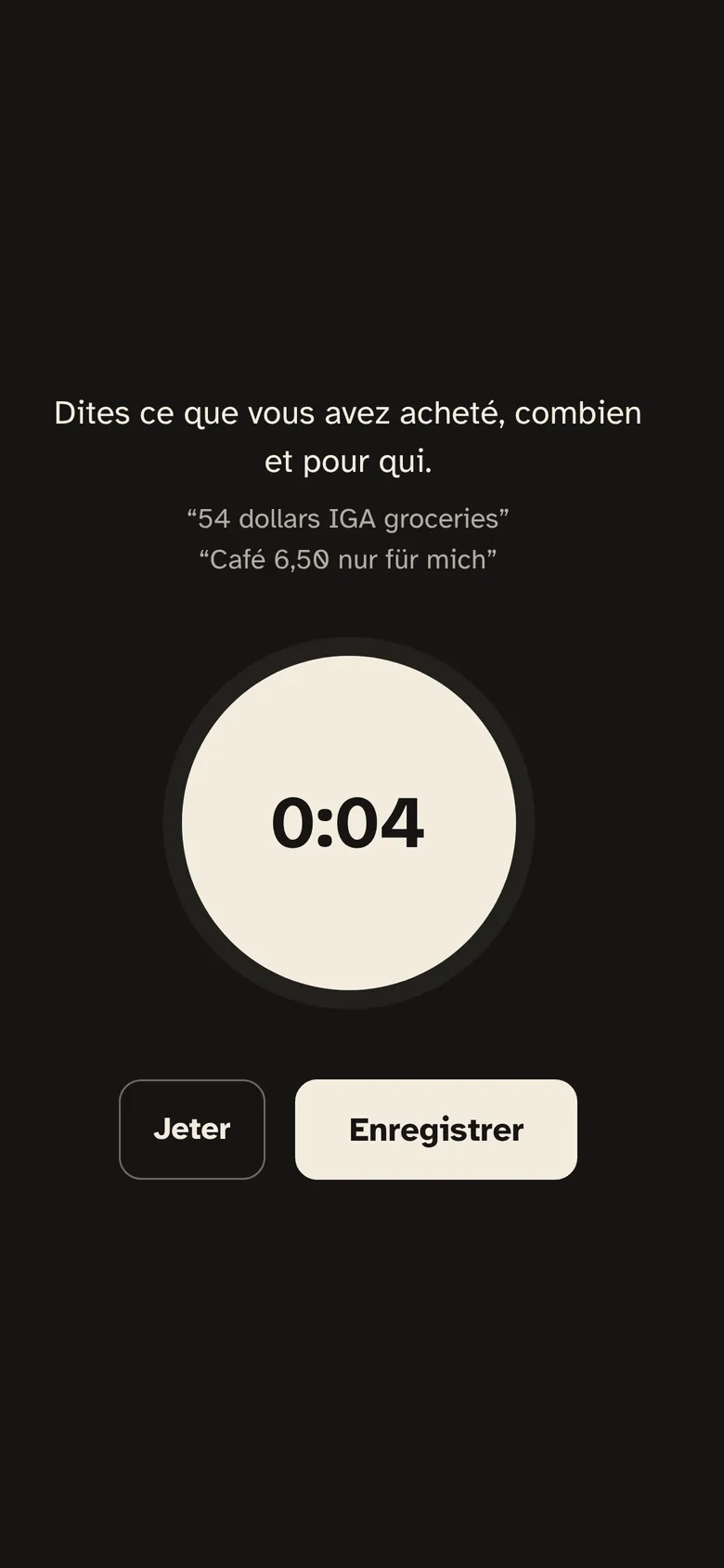 Enregistrement d’une note vocale : un minuteur à 0:04 avec Jeter et Enregistrer.