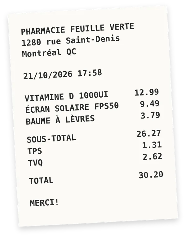 Un reçu de pharmacie d’un total de 30,20 $.