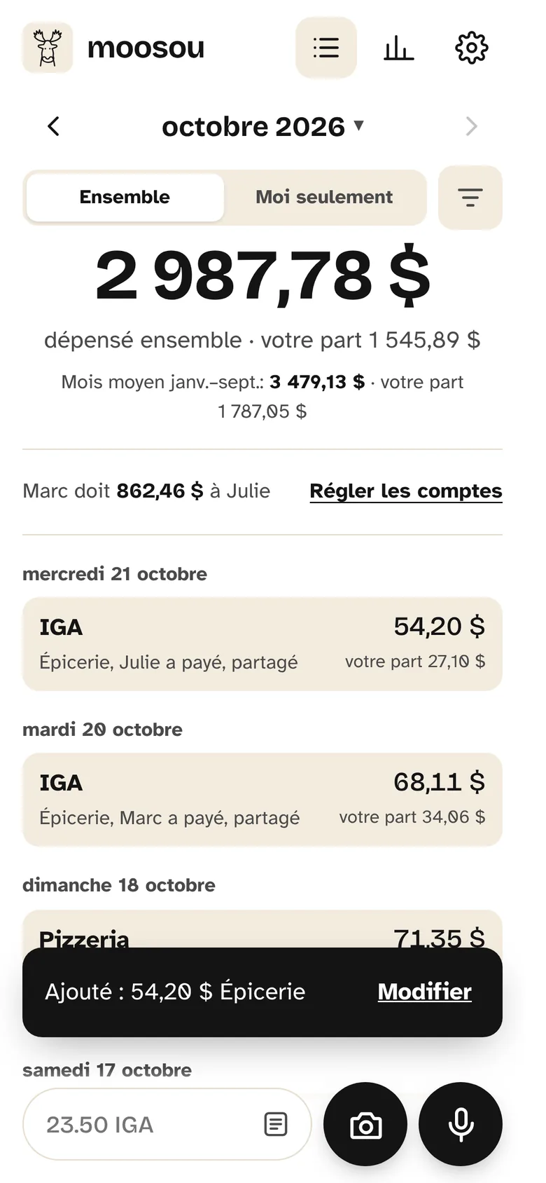 La nouvelle entrée en haut de la liste : IGA, 54,20 $, Épicerie, partagé. Un message indique « Ajouté : 54,20 $ Épicerie ».